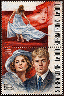 A postage stamp commemorating the anniversary of Isadora Duncan and poet Sergei Esenin
